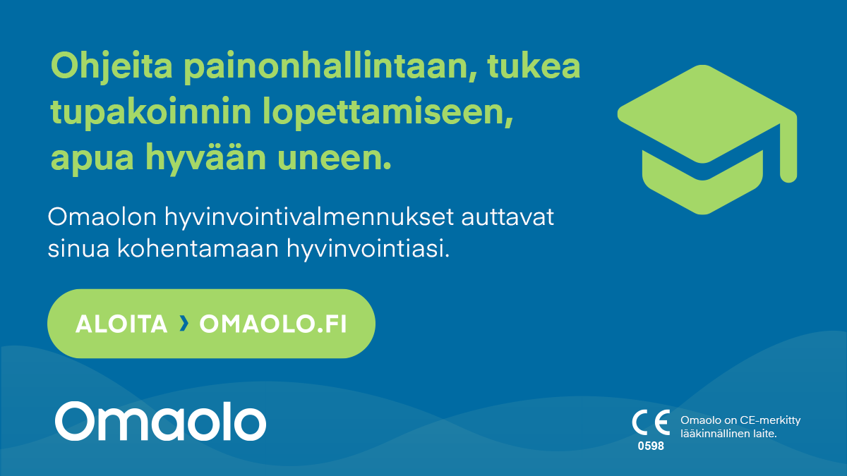 Ohjeita painonhallintaan, tukea tupakoinnin lopettamiseen, apua hyvään uneen. Omaolon hyvinvointivalmennukset auttavat sinua kohentamaan hyvinvointiasi. Aloita Omaolo.fi. 